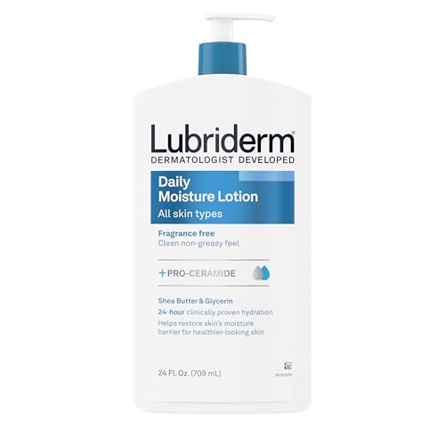 Lubriderm Fragrance Free Daily Moisture Lotion + Pro-Ceramide, Shea Butter &amp;amp; Glycerin, Face, Hand &amp;amp; Body Lotion for Sensitive Skin, Hydrating Lotion for Healthier-Looking Skin, 24 Fl. Oz