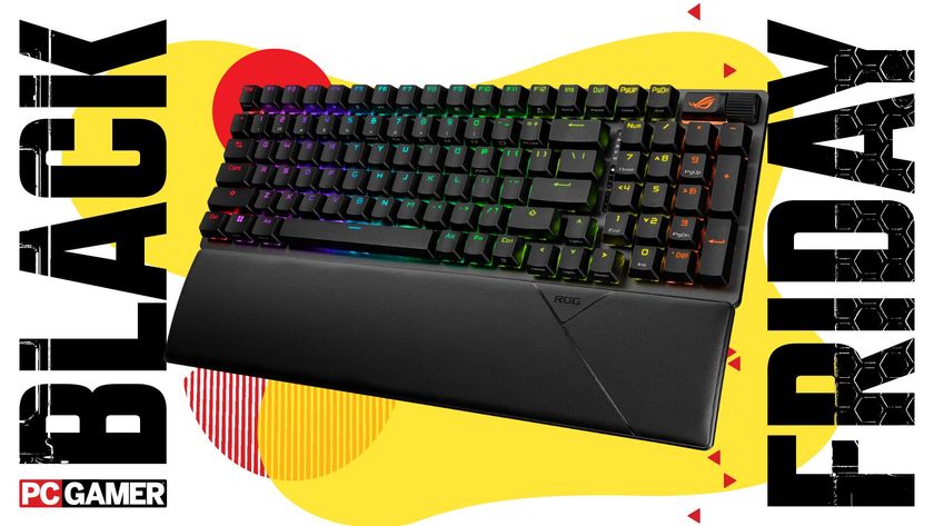 Asus ROG Strix Scope ii 96 Wireless gaming keyboard on a yellow Black Friday background