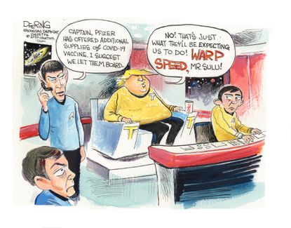 Political Cartoon U.S. Trump vaccine Pfizer Star Trek operation warp speed