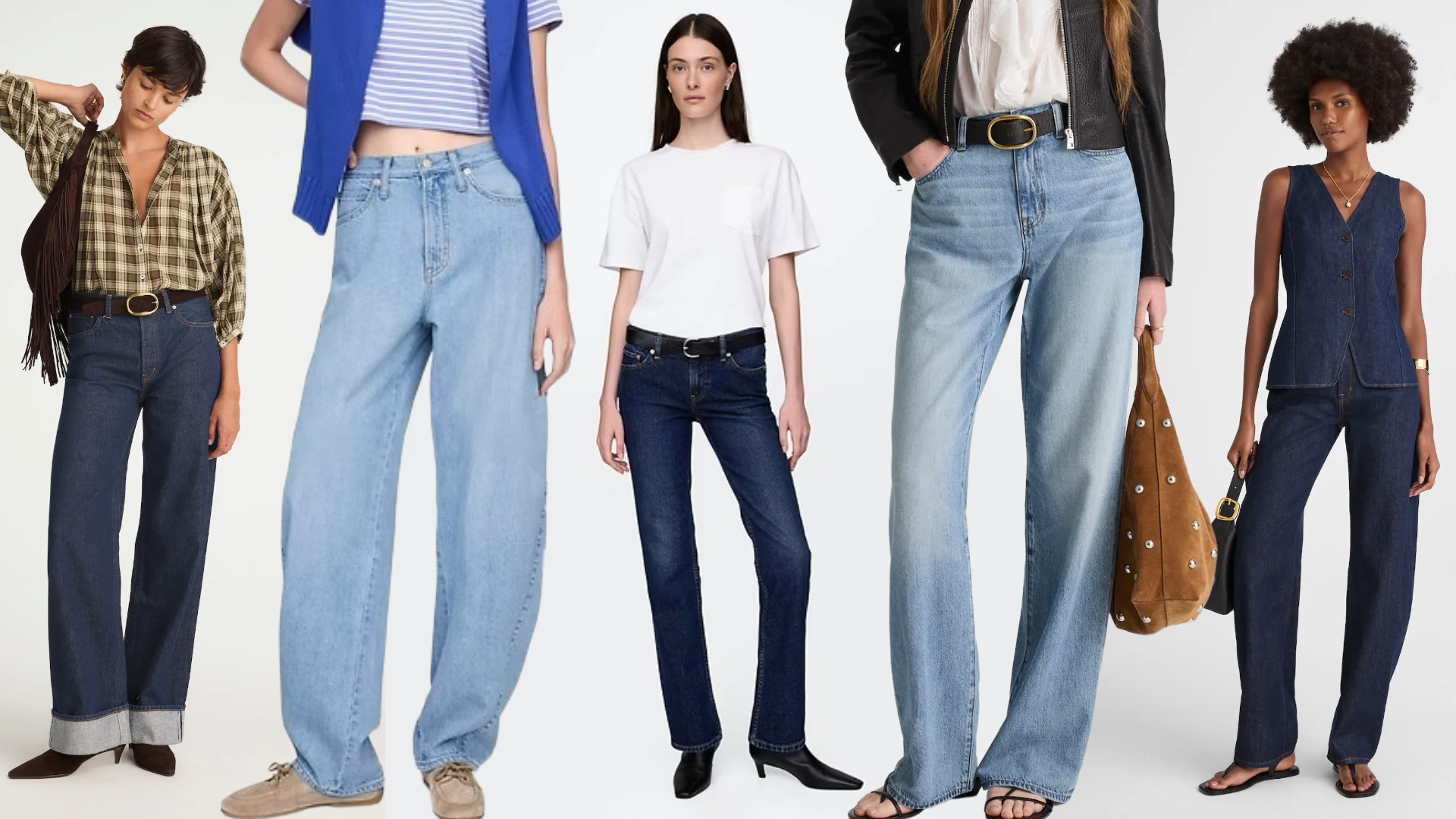 photo collage of models wearing gap and madewell jeans on gradient background