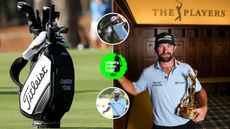 Cameron Young's golf bag, with Young holding The Players Championship trophy