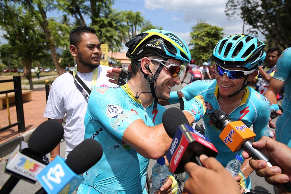 Andrea Guardini (Astana) celebrates with his teammates