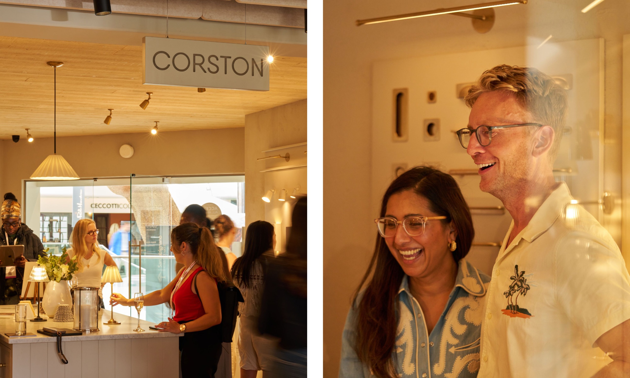 two shots next to each other. People mill in the Corston showroom, while Charu Gandhi and Pip Rich laugh
