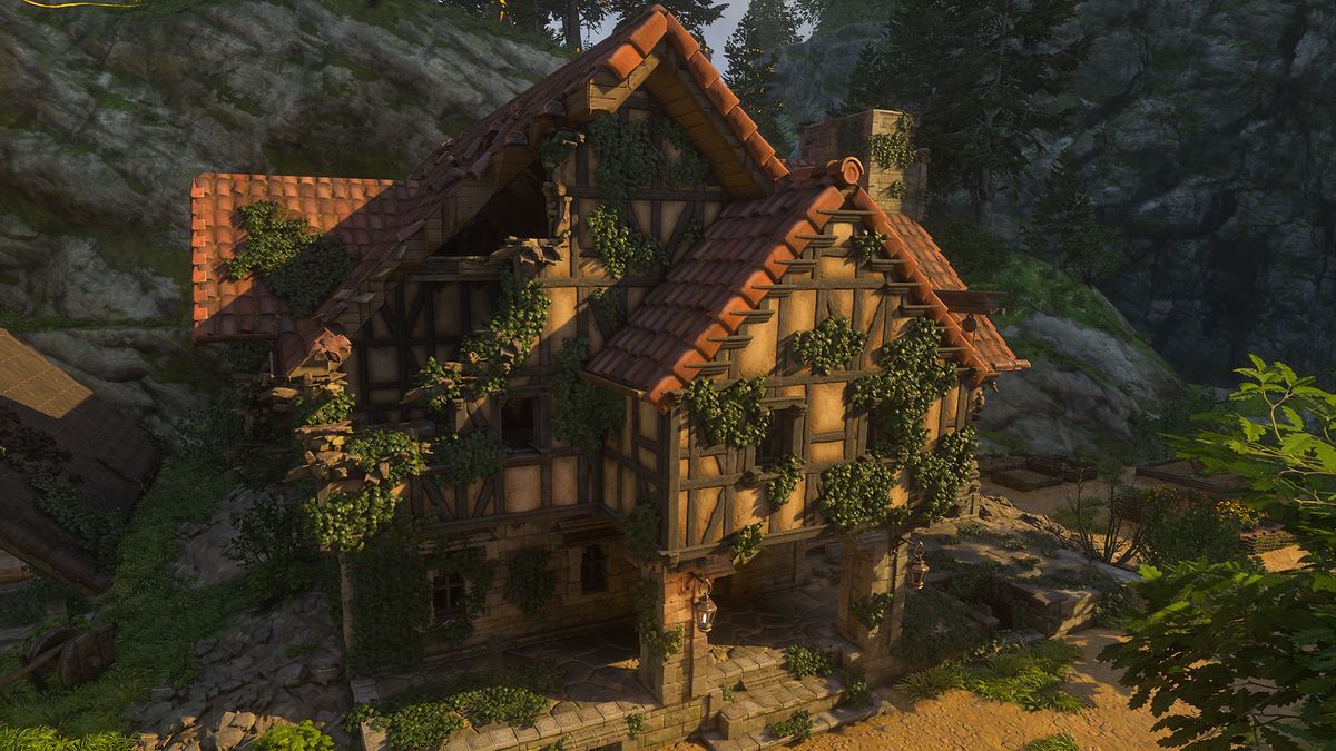 A premade house made of bricks and wood in Enshrouded
