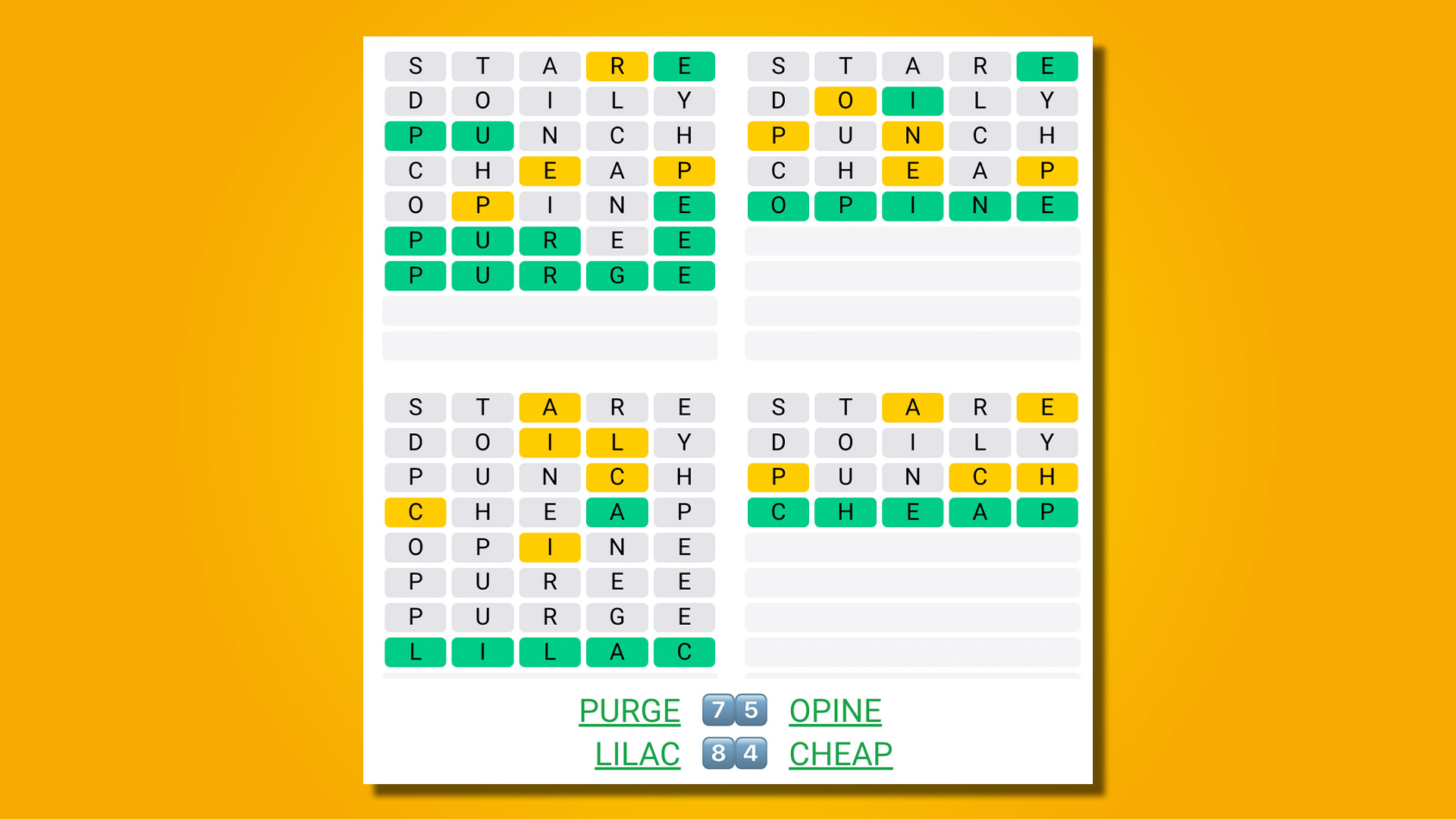 Quordle 450 answers on a yellow background