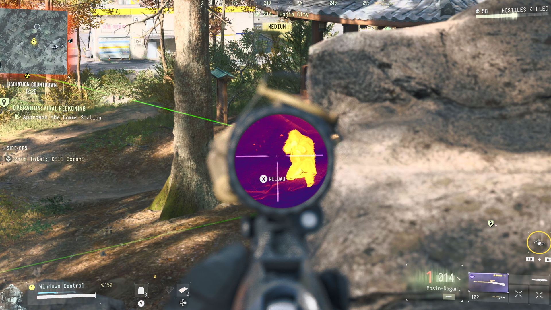 First person view of a thermal scoped sniper rifle against a lieutenant in Modern Warfare 4 DMZ.
