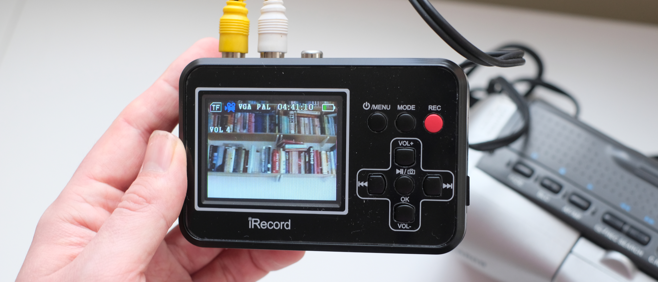 Photograph of DigitNow Full Media Recorder capturing video while plugged into an 8mm camcorder