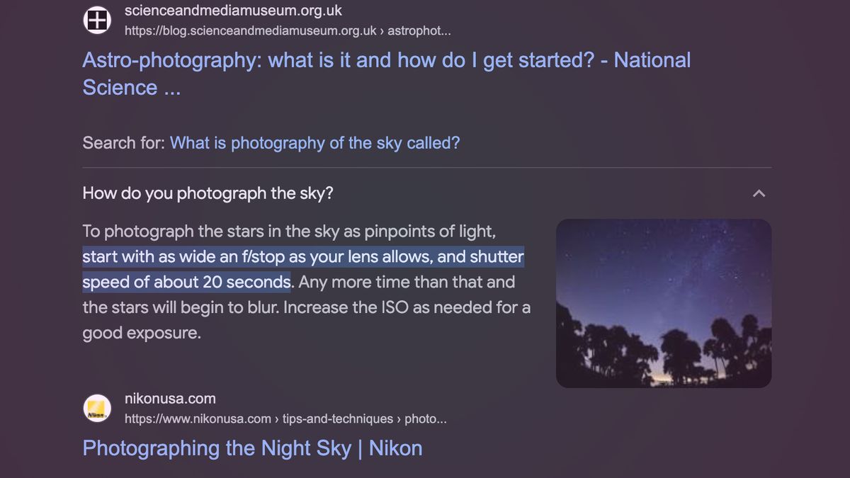 Screen-capture of Google search of &#039;sky photography&#039;