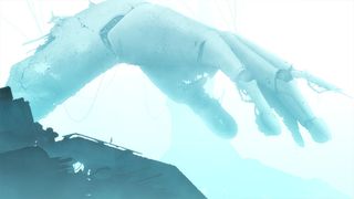 Bionic Bay pixel art game design; a large robotic hand hovers in the background of a sci-fi fantasy scene in a video game