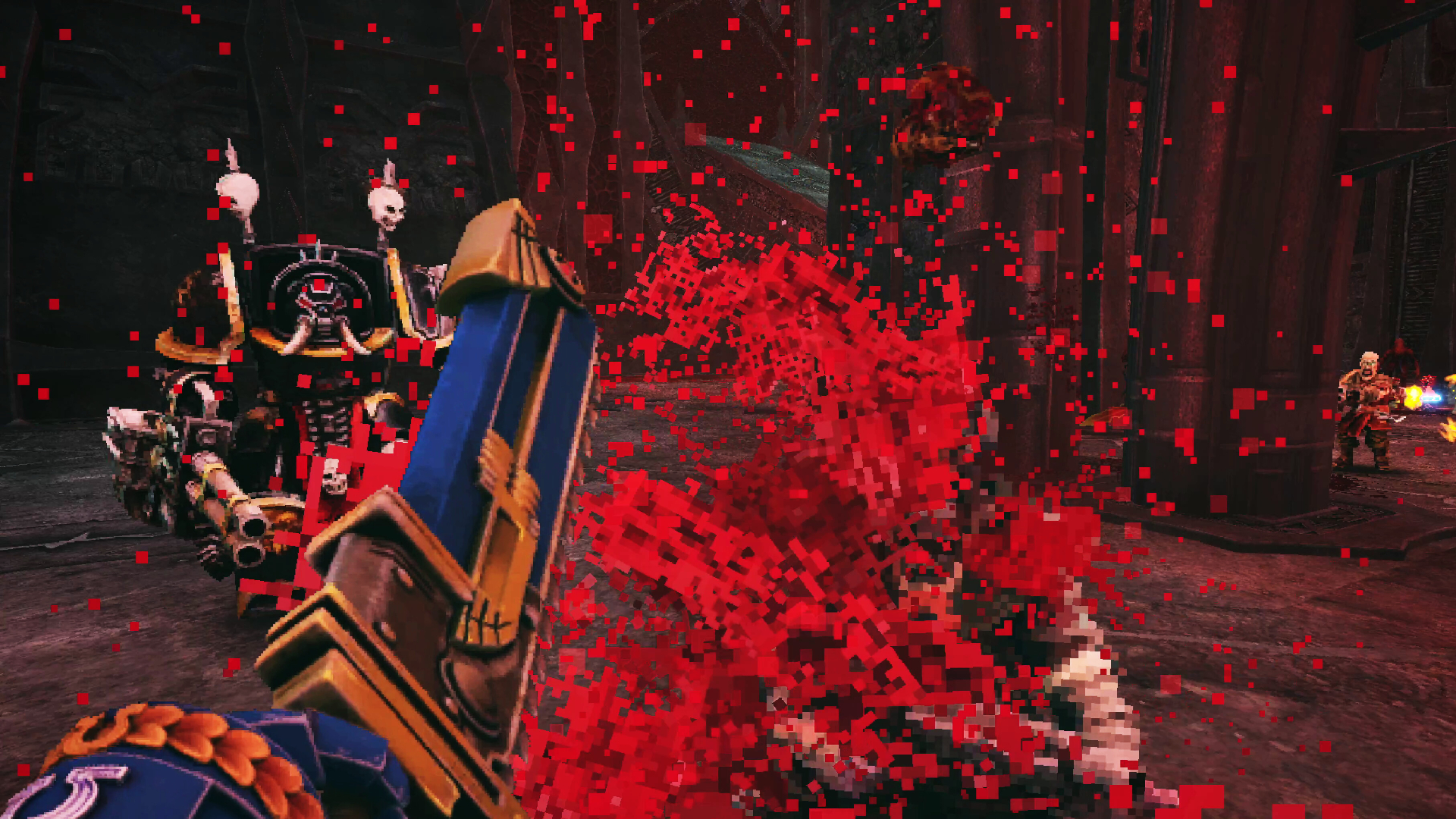 Warhammer 40,000: Boltgun 2 gameplay showing a space marine killing a Chaos cultist with a chainsword, while a Chaos space marine in Terminator armor approaches through the blood