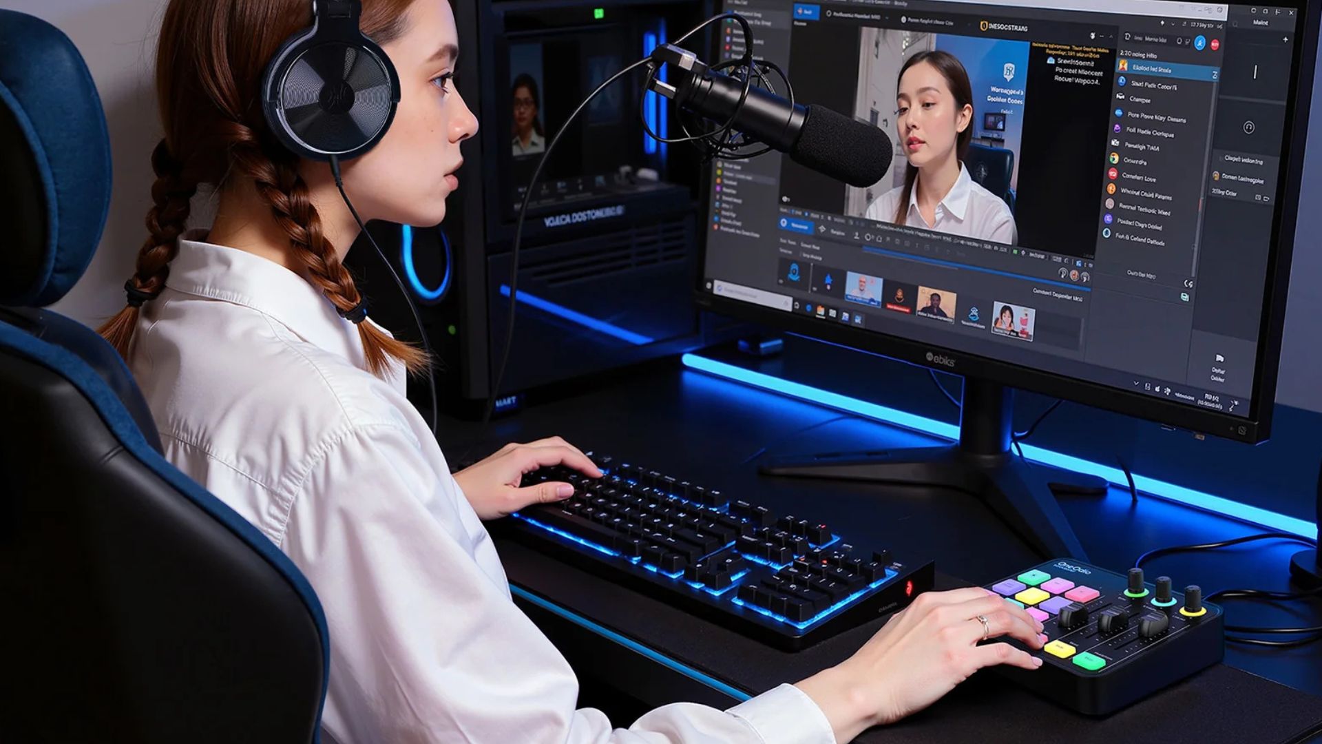 A lifestyle image of a woman using the OneOdio Solocaster in a gaming setup