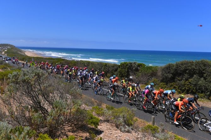The women's peloton enjoys the seaside views at the 2019 Cadel Evans Great Ocean Road Race
