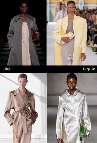 a collage of models on the runway wearing the spring trend: satin jackets