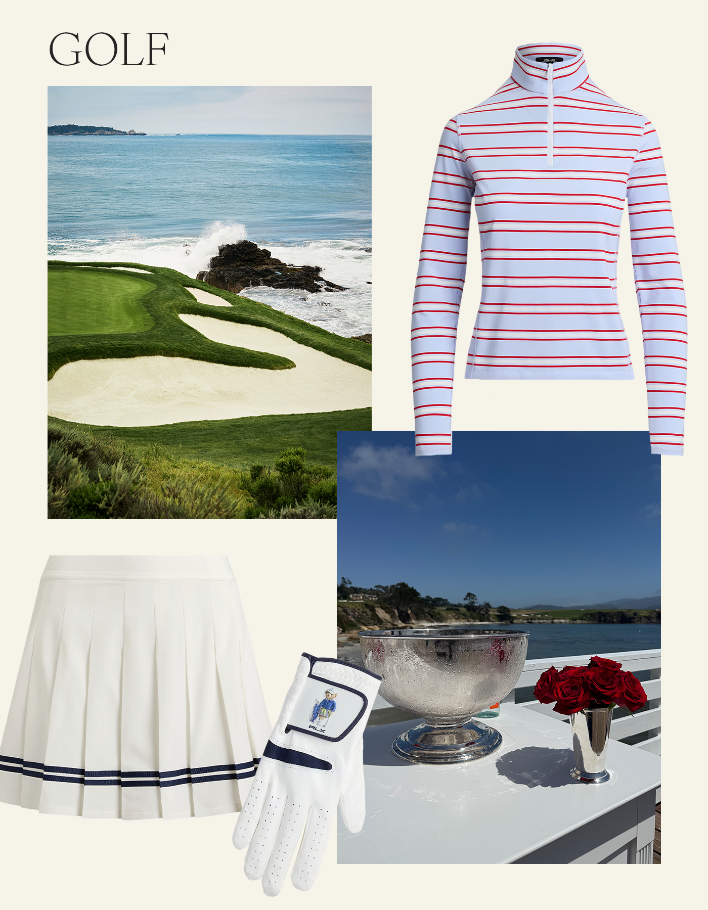 Collage featuring Pebble Beach golf course and a striped golf pullover, pleated skirt, and golf glove.