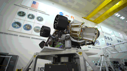 NASA's Mars 2020 rover "breakdances" in a test in a Florida clean room.