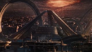 A bunch of giant steel rings rise around a pyramid structure in Ant-Man and the Wasp: Quantumania