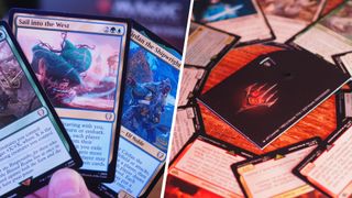 A collection of Magic: The Gathering cards, alongside a ring of cards around a life counter
