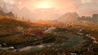 A peaceful river scene in The Elder Scrolls V: Skyrim