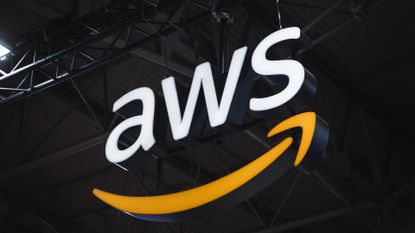 AWS logo pictured at the company's exhibitor stall at the ISE 2023 and IOT Solution World Congress at Fira, Barcelona.