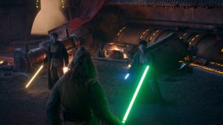 Two male Jedi have their lightsabers drawn and are preparing to battle a tall Wookiee Jedi in front of them.