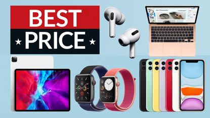 Best Apple deals 2022, collage showing iPad Pro, Apple Watch, iPhone, AirPods and MacBook Air, with a sign saying 'Best Price'