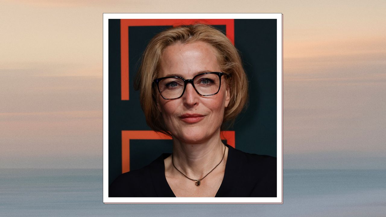 Gillian Anderson is pictured with a &#039;faux&#039; bob style hair look at the photo call for Netflix&#039;s &quot;The Crown&quot; at FYSEE at Sunset Las Palmas Studios on May 17, 2024 in Los Angeles, California/ in a beige and blue gradient sunset-like template