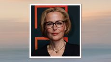 Gillian Anderson is pictured with a 'faux' bob style hair look at the photo call for Netflix's "The Crown" at FYSEE at Sunset Las Palmas Studios on May 17, 2024 in Los Angeles, California/ in a beige and blue gradient sunset-like template
