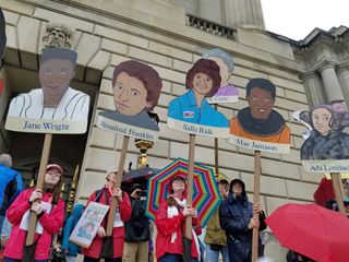 Giant puppets of Sally Ride, the first American woman in space, Mae Jemison and other prominent women in science were on display during the March for Science in Washington D.C. on April 22, 2017.