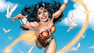 Wonder Woman smiling as she glides through the air next to some white doves in one of her DC comic books