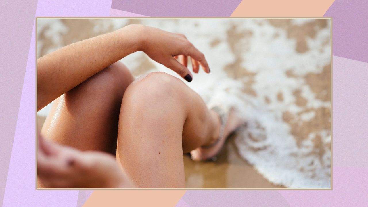 Closeup of legs woman sitting by the seashore on a pastel purple patterned background