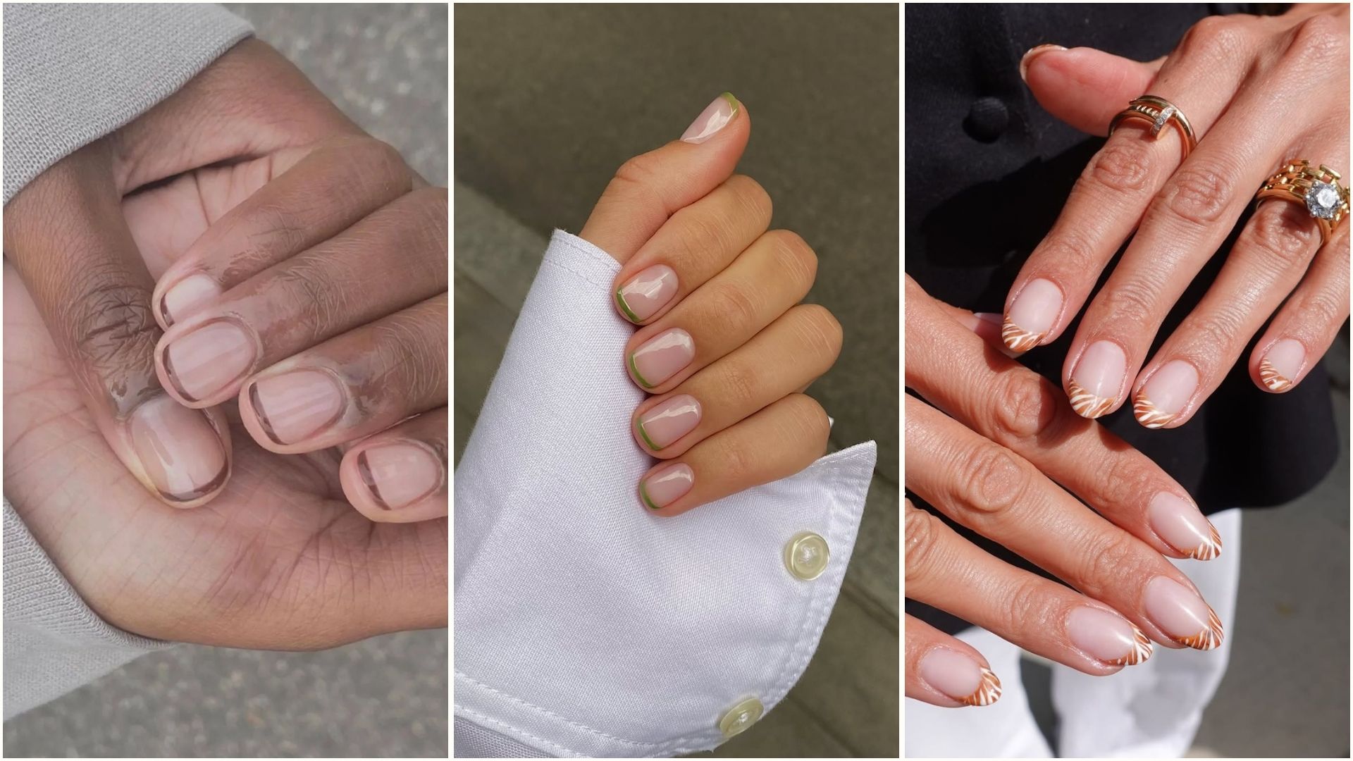 a collage featuring brown, olive green and animal print French manicures