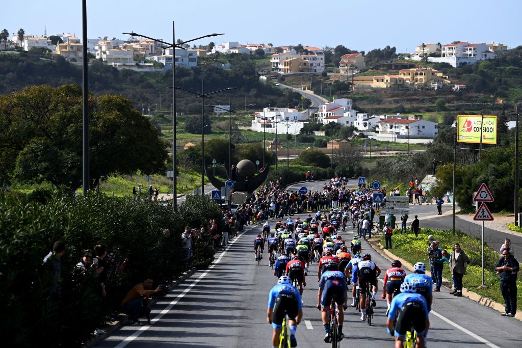 ALTO DO MALHO LOULE PORTUGAL FEBRUARY 18 A general view of the peloton competing during the 49th Volta ao Algarve em Bicicleta 2023 Stage 4 a 1779km stage from Albufeira to Alto do Malho Loule 514m VAlgarve2023 on February 18 2023 in Alto do Malho Portugal Photo by Tim de WaeleGetty Images