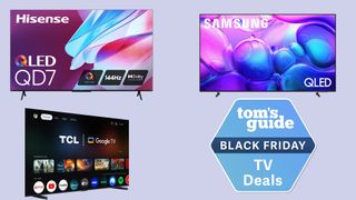 A collage of Hisense, TCL and Samsung TVs