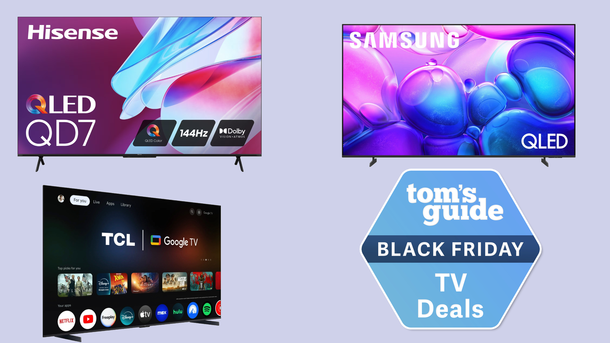 A collage of Hisense, TCL and Samsung TVs