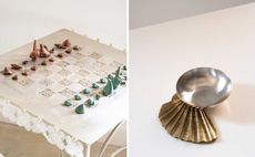 Two objects by Shaha Raphaël for House of Today, including a chess set and a metal bowl, both with details reminiscent of shells