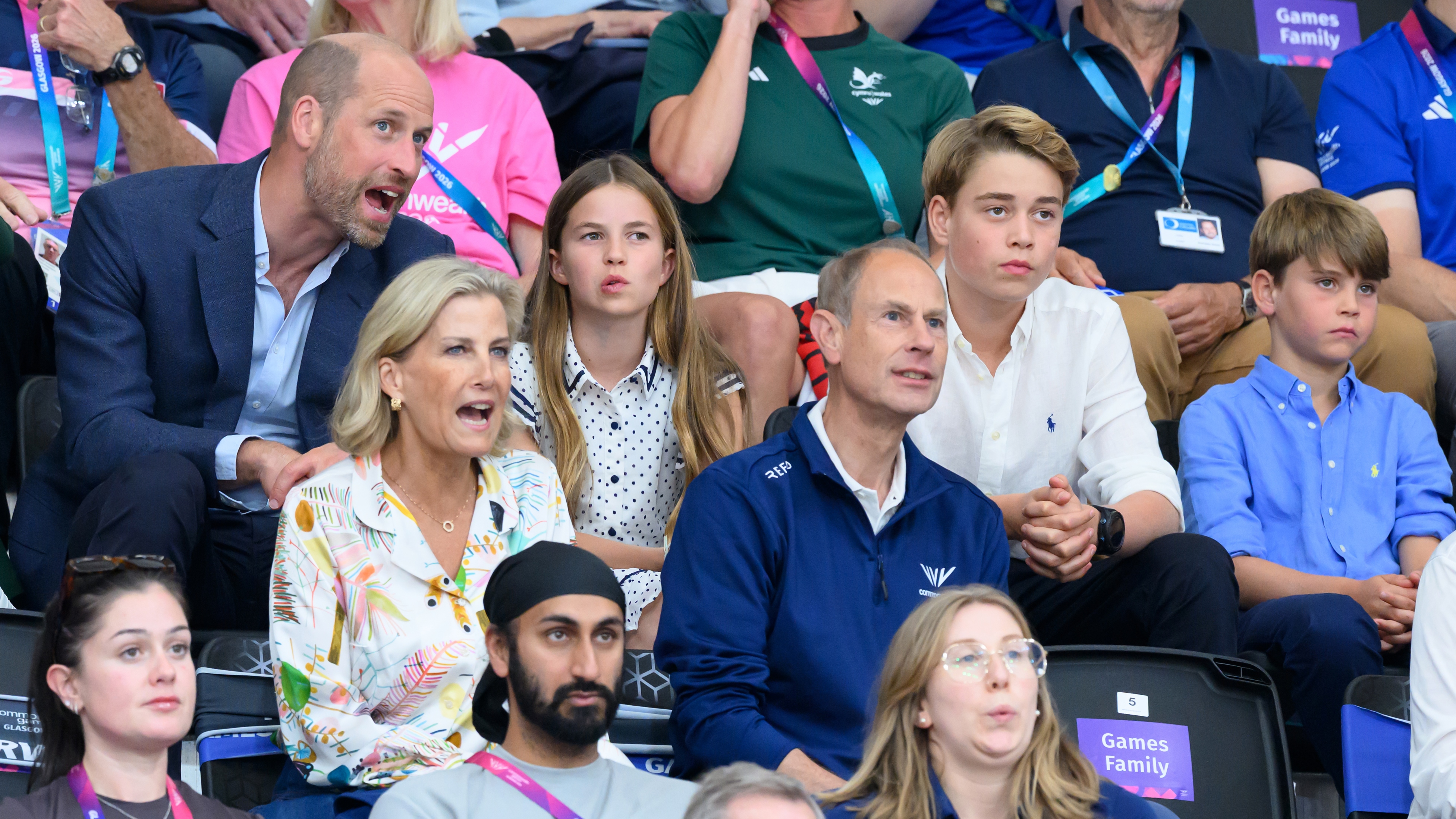 Prince William, Sophie, Duchess of Edinburgh, Princess Charlotte, Prince Edward, Prince George and Prince Louis watch the track cycling during the 2026 Commonwealth Games on August 01, 2026