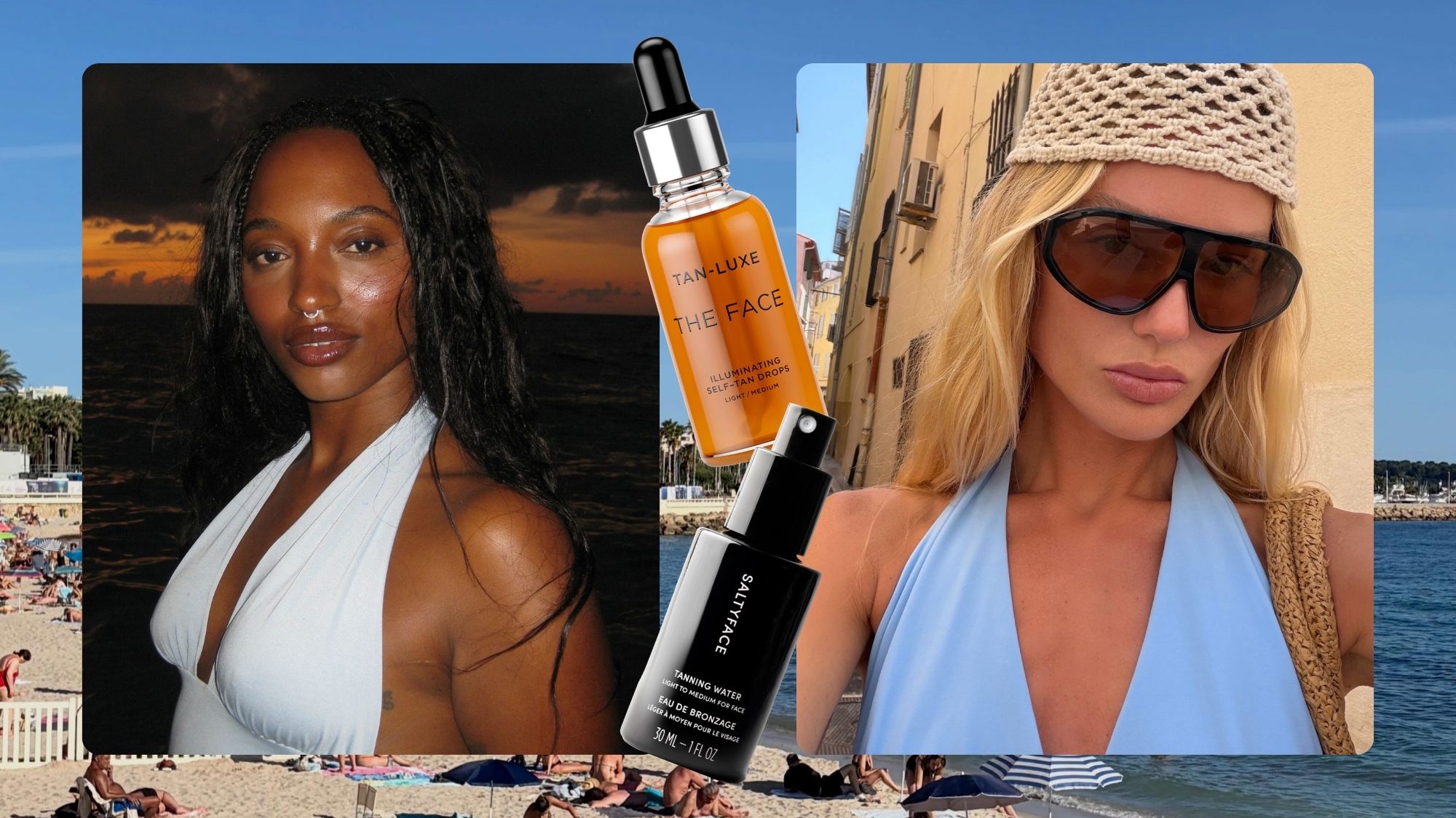 A collage of women with sun-kissed, bronzed skin in beach environments. 