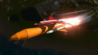 In Kerbal Space Program 2, a spaceplane is carried into orbit by a heavy booster rocket.