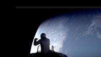 The silhouette of a man stepping out on a space shuttle with Earth visible behind him