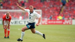18 June 1996, Wembley - UEFA Euro 96, England v Netherlands, Alan Shearer of England celebrates after he had scored their third goal.
