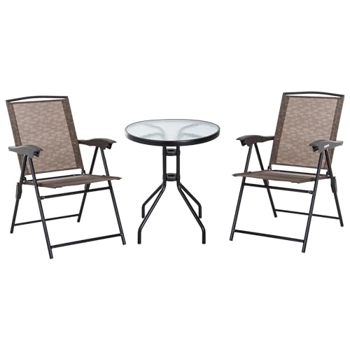 Outsunny 3 Piece Outdoor Bistro Set, Patio Conversation Furniture Set With 2 Folding Backrest Adjustable Armchairs and Glass Top Coffee Table, Brown