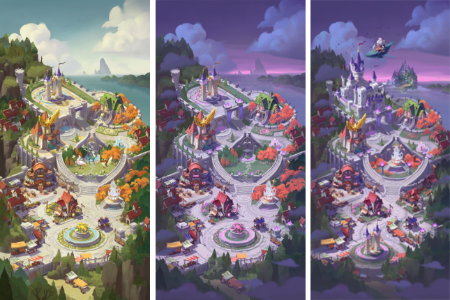 AFK Arena art; three environment art illustrations for a video game