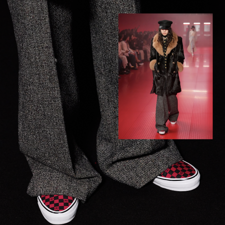 a close up of the vans valentino collaboration with an inset photo of a model on the runway