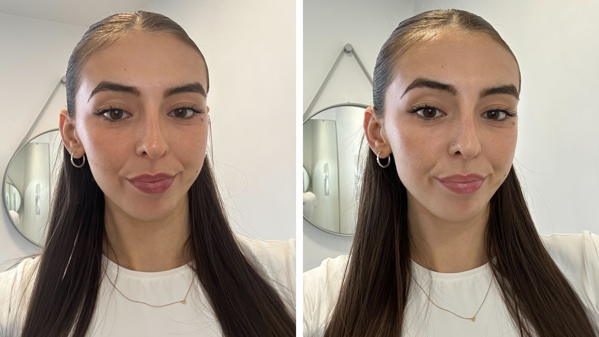 First image shows Sennen with long straight brunette hair and wearing a white t-shirt, three hours after applying the Huda Beauty Lip Contour Stain, and the second image shows eleven hours after applying the lip stain