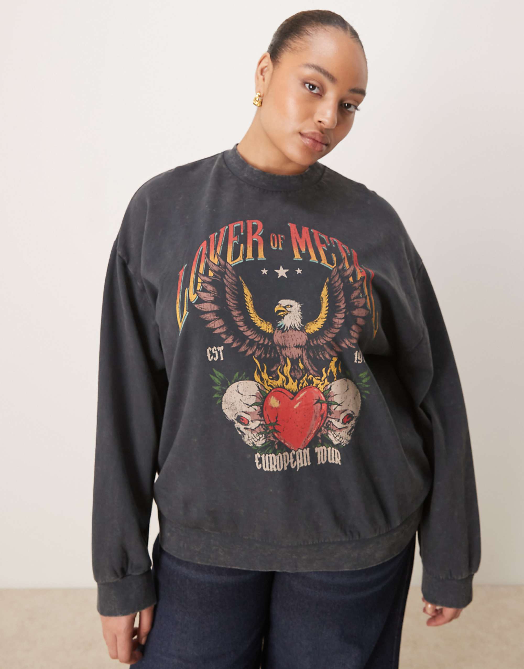 Asos Design Curve Oversized Sweatshirt With Vintage Rock Eagle Graphic in Washed Charcoal