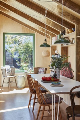 dining room with plywood timber cladding