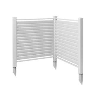 A corner louvered white panel with two sides, three pillars, and spiked feet