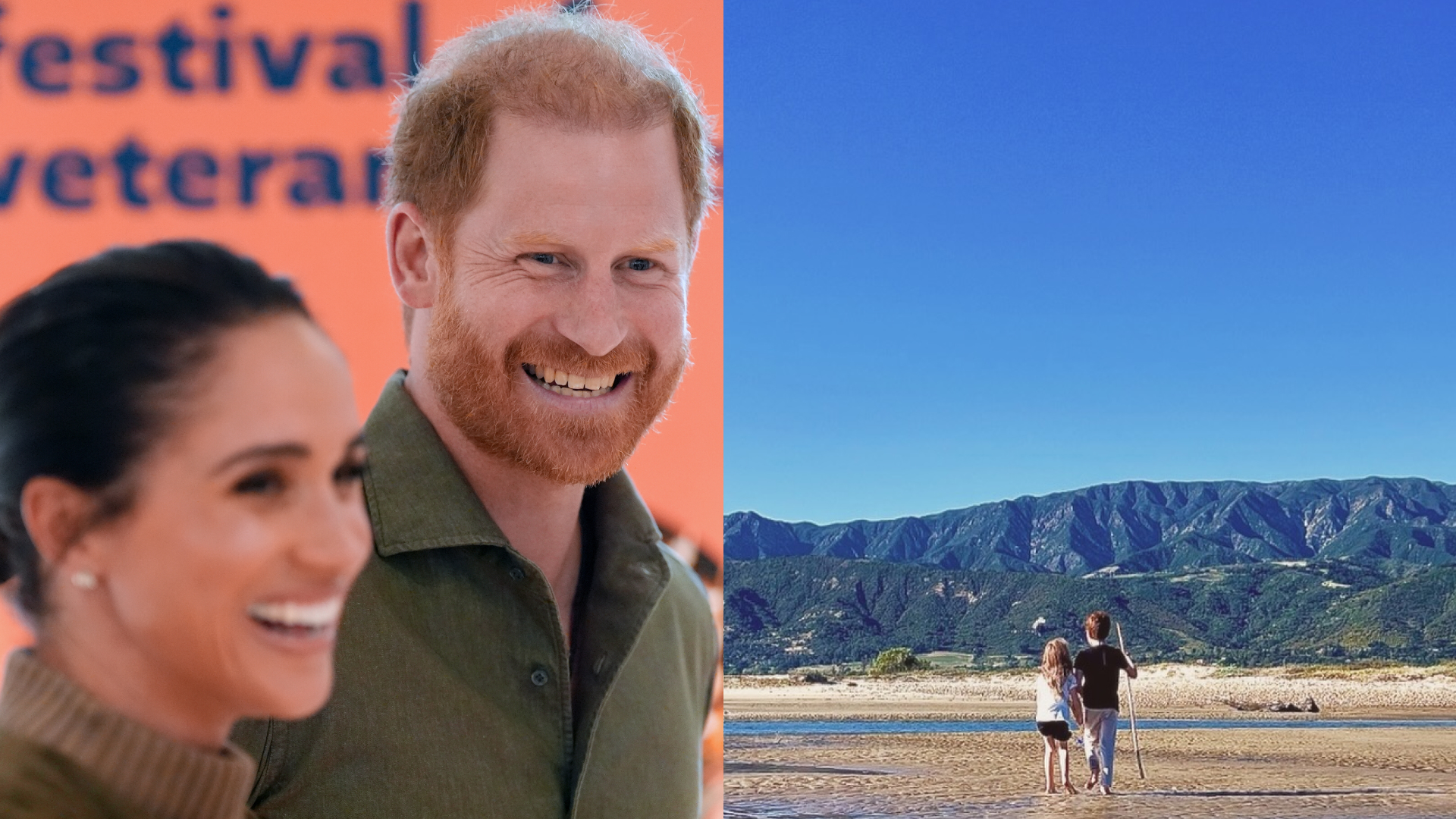 Prince Harry and Meghan Markle smiling; Prince Archie and Princess Lilibet on a beach