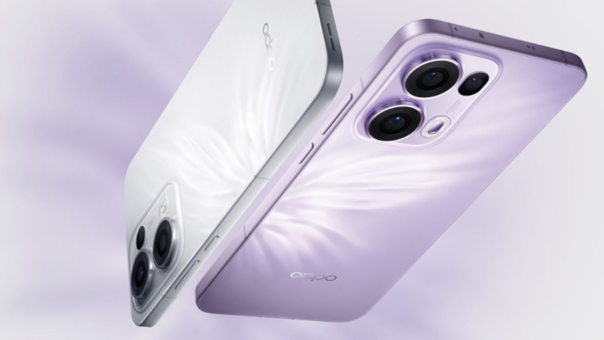 The Oppo Reno 13 Pro in both purple and white against a rendered background 