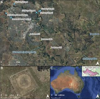 A map showing the location and aerial images of earth rings in Victoria